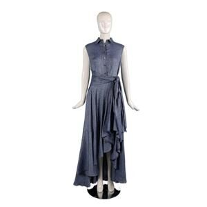 NEW TALBOT RUNHOF women's sleeveless high low maxi dress with waist tie in denim